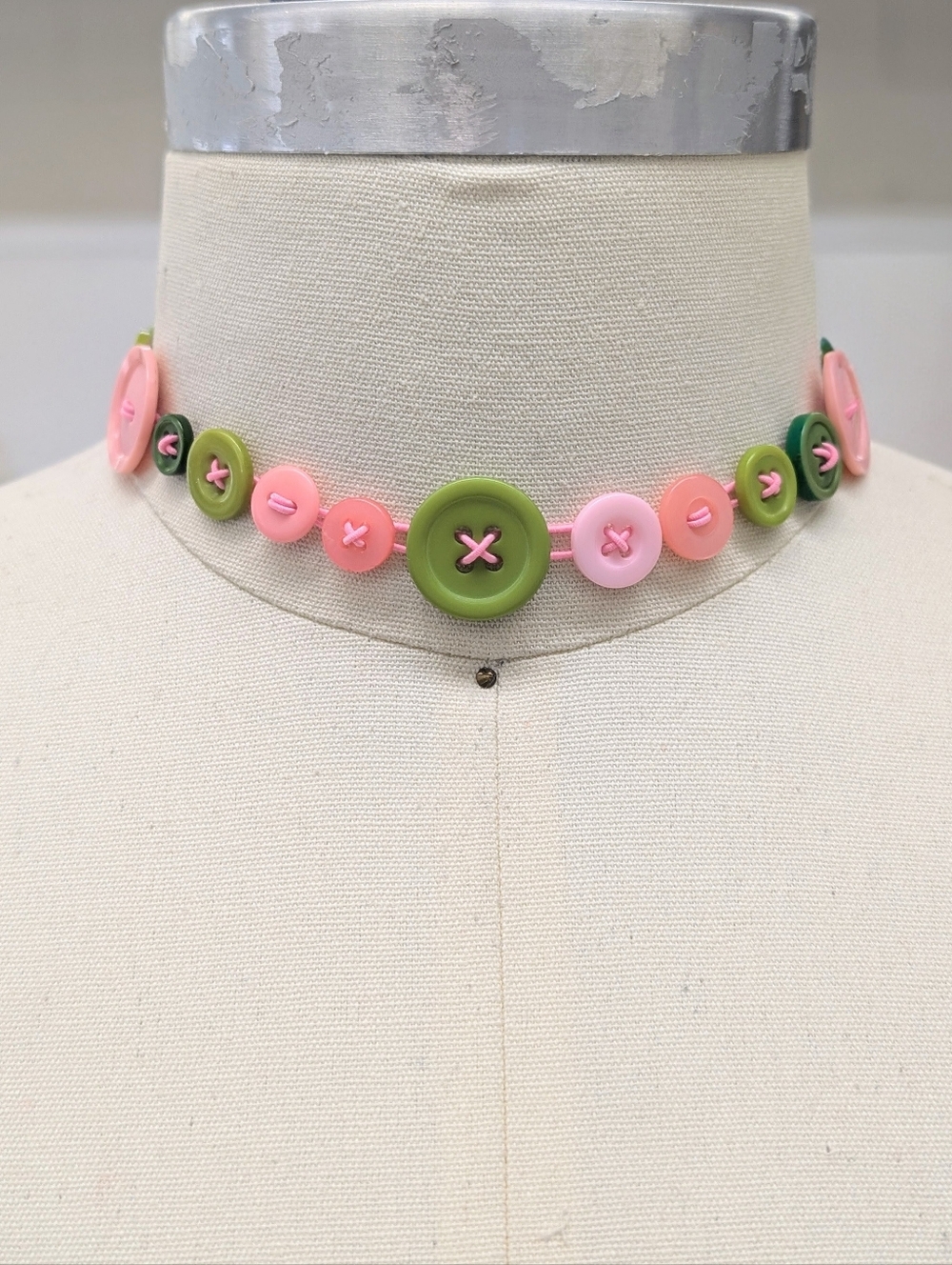 Pink Matcha Necklace- Twee Pink and Green Pastel Button Necklace